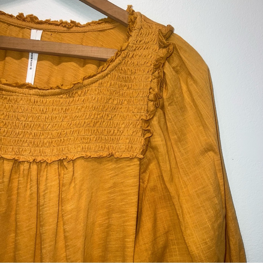 Anthropologie Smocked 3/4 Puff Sleeve (woven) Shirt (knit) Mustard Yellow L - Picture 2 of 10
